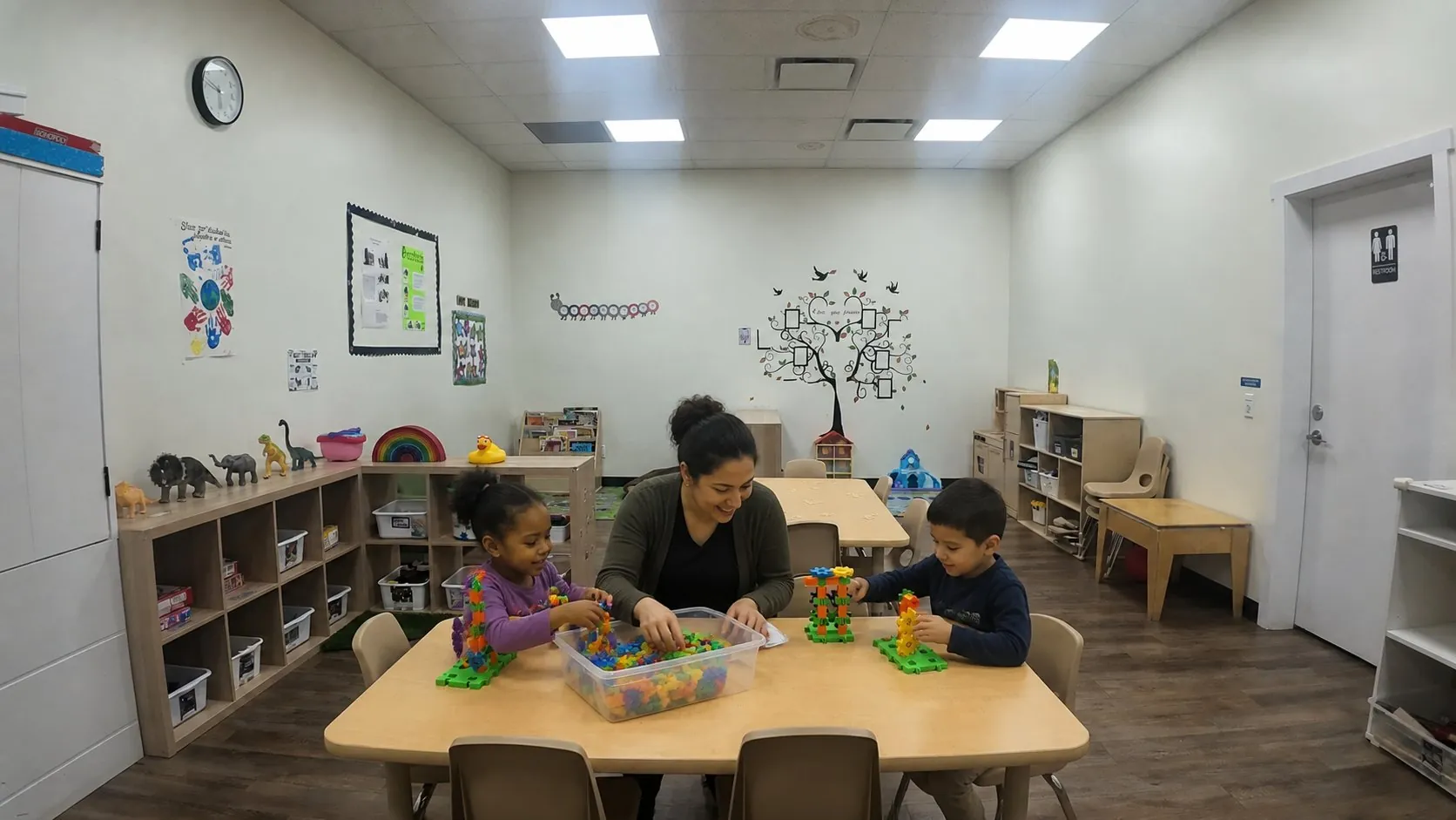 An educator supporting children during play inside Curious Minds Daycare