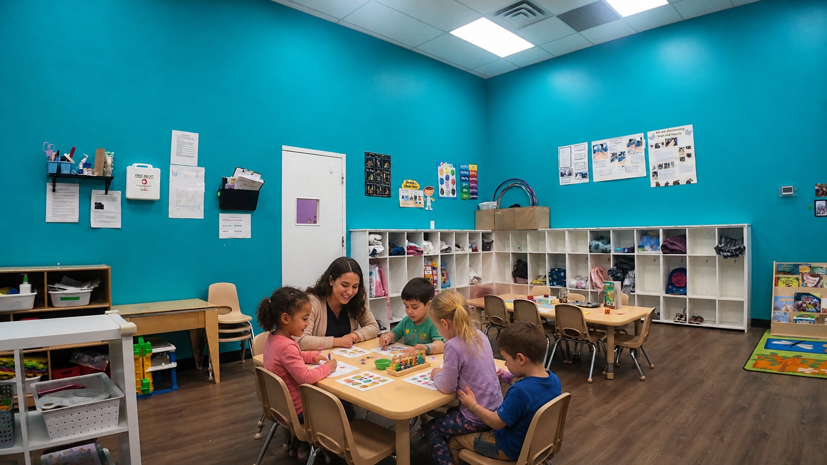 Children learning together with an educator at Curious Minds Daycare