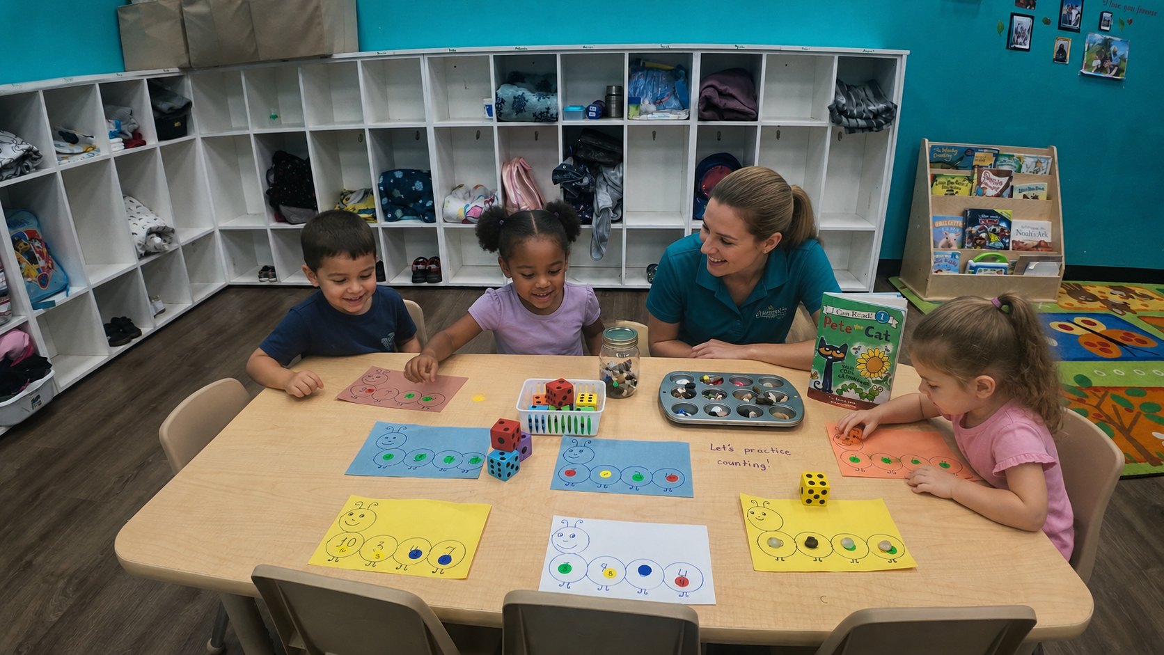 Preschool children practising early mathematics with an educator in the Prancing Ponies room